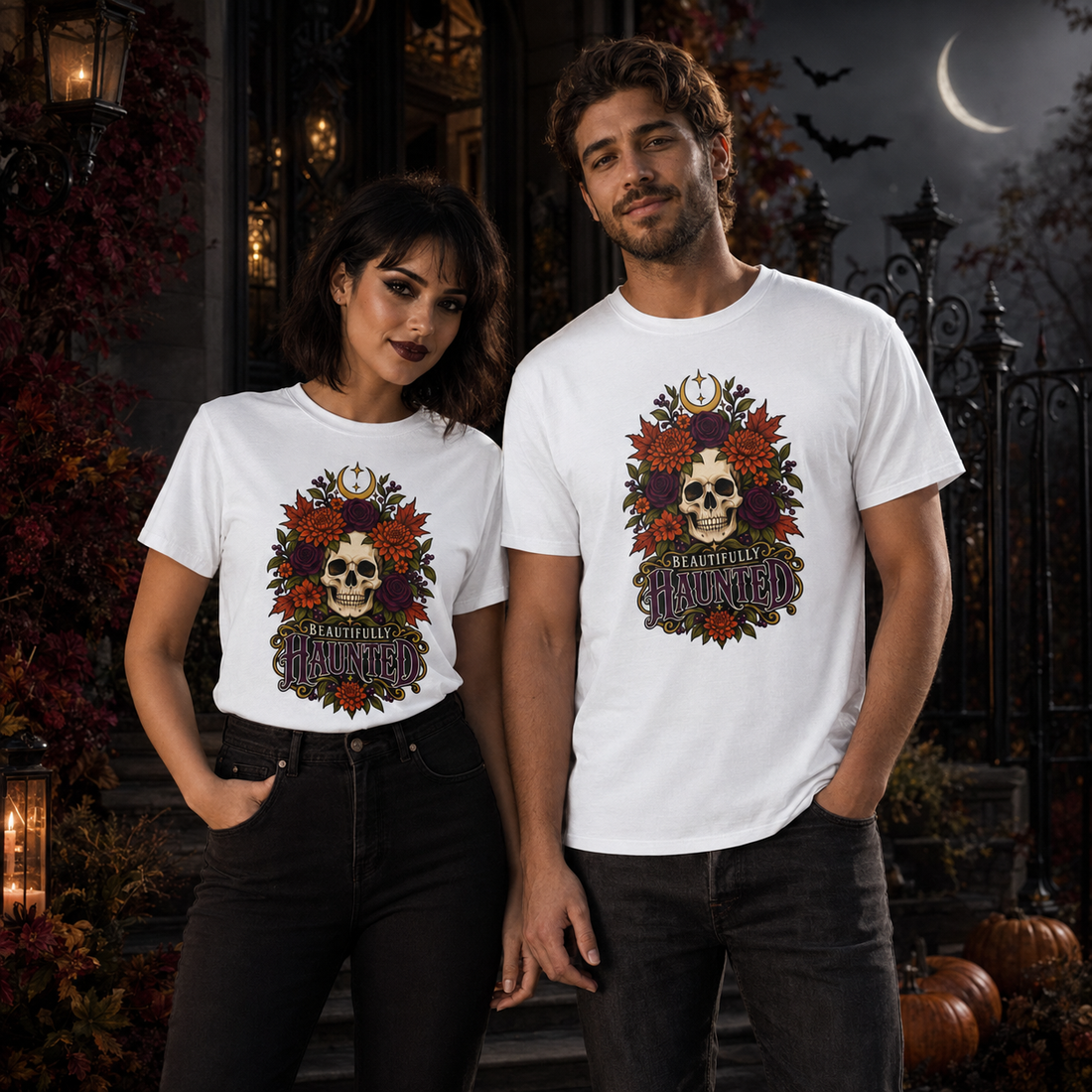Beautifully Haunted Unisex Halloween T-Shirt – Floral Skull Tee