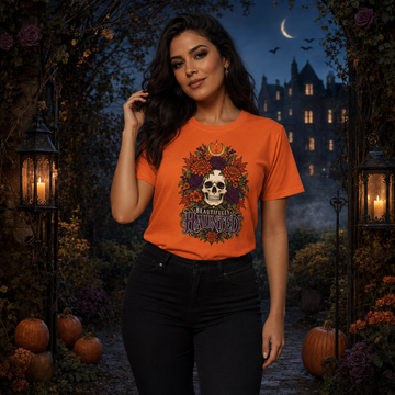 Beautifully Haunted Unisex Halloween T-Shirt – Floral Skull Tee