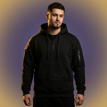 Black mens Hooded Sweatshirt featuring embossed Louise Logo