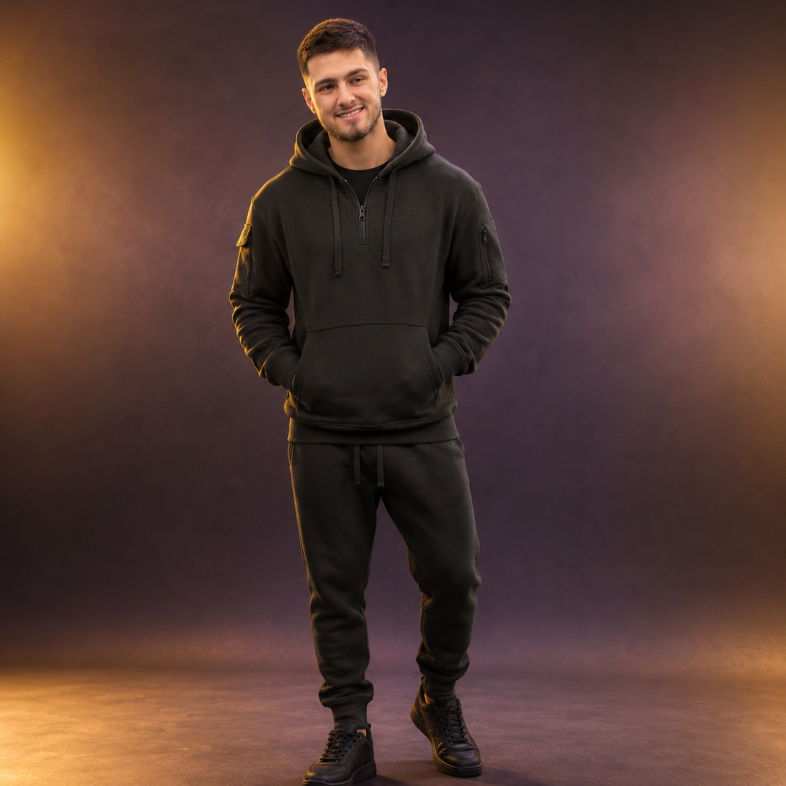 Black mens Hooded Sweatshirt featuring embossed Louise Logo