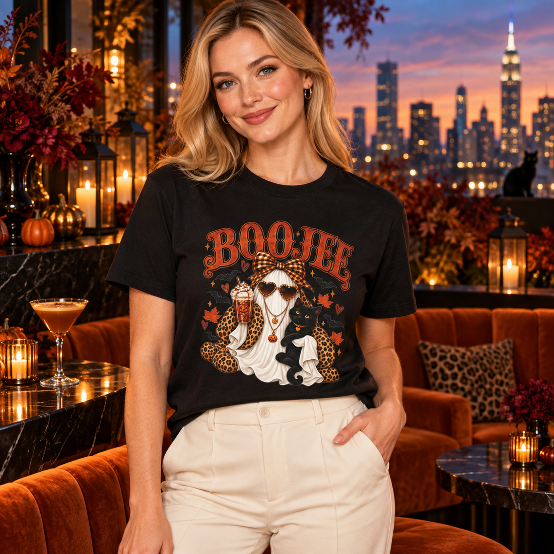 Boo Jee Ghost and Black Cat Halloween T-Shirt – Women’s Spooky Tee