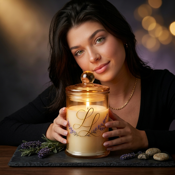 Lavender Louise Heirloom Candle, Yellow glass with lid