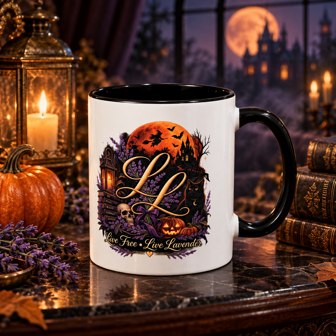 Live Free, Live Lavender Halloween Mug – Floral Skull Coffee Cup