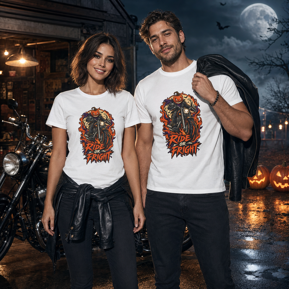 Ride or Fright Unisex T-Shirt – Halloween Pumpkin Biker Tee