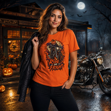 Ride or Fright Unisex T-Shirt – Halloween Pumpkin Biker Tee